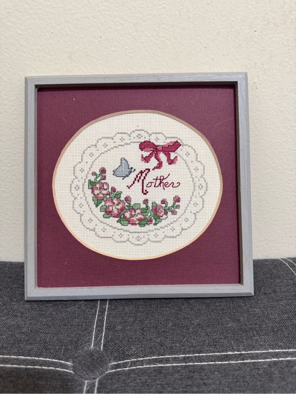 Handmade Framed Finished Cross Stitch "Mother" Floral Butterfly Ribbon Vintage